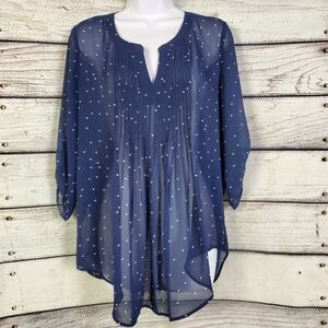 Daniel Rainn Navy Blue Polka Dot Sheer Tunic Top M Long Sleeve Lined